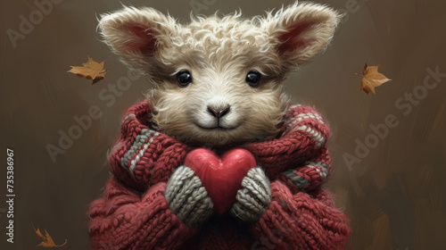 a painting of a teddy bear wearing a red sweater and holding a red heart with autumn leaves in the background.