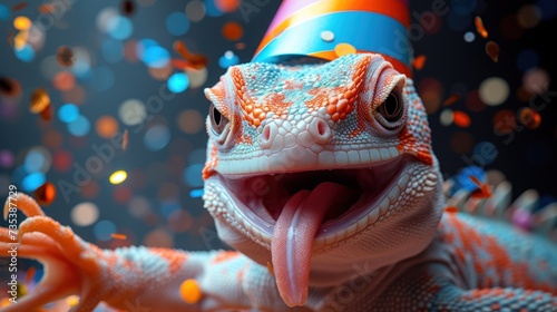 a close up of a lizard wearing a party hat with confetti on it's head and tongue.