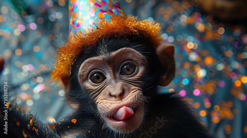 a monkey with a party hat on its head sticking its tongue out and sticking its tongue out with a party hat on it's head.