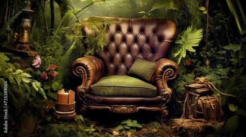 Vintage leather armchair with green cushions in garden, concept of elegant tranquility, quiet luxury concept, banner