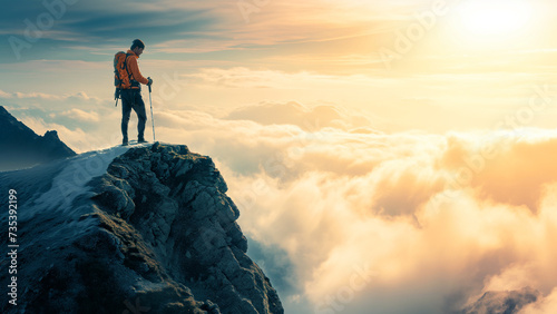 Positive uplifting image of a man wearing an orange jacket and orange backpack, standing on a rocky mountain top with hiking pole above a sea of clouds, looking at sunrise. Copy space, 16:9