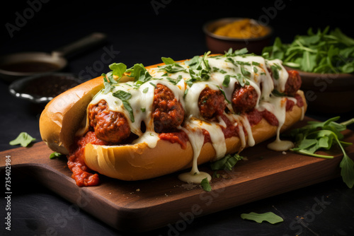 Meatball sub sandwich with tomato sauce and melty cheese on a wooden board