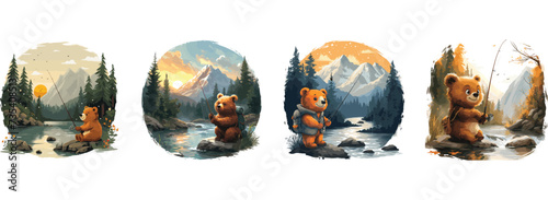 Playful Bear Fishing on River Mountain Vector Design Wildlife Nature Outdoors Adventure Emblem, fishing bear, lovely wildlife little animal characters