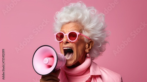 An energetic elderly woman with white hair shouts into a megaphone, wearing vibrant pink glasses and attire, against a pink background