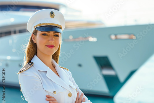 Woman captain standing proudly in front of a luxurious yacht