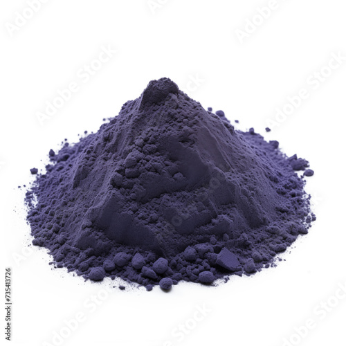 close up pile of finely dry organic fresh raw wild indigo root powder isolated on white background. bright colored heaps of herbal, spice or seasoning recipes clipping path. selective focus