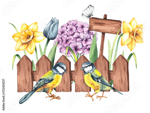Watercolor spring composition with a fence, titmice in spring flowers