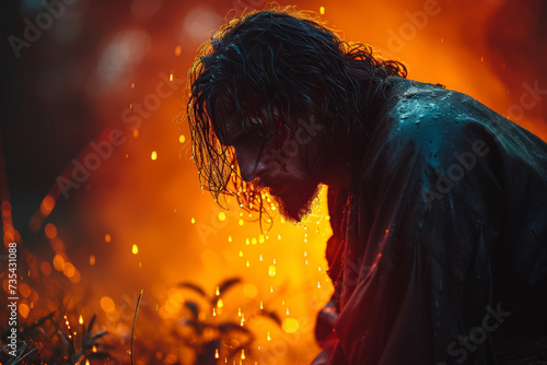 Imagination of Christ in the Garden of Gethsemane, praying earnestly as drops of blood fall to the ground, capturing the profound anguish before his arrest. Generative Ai.