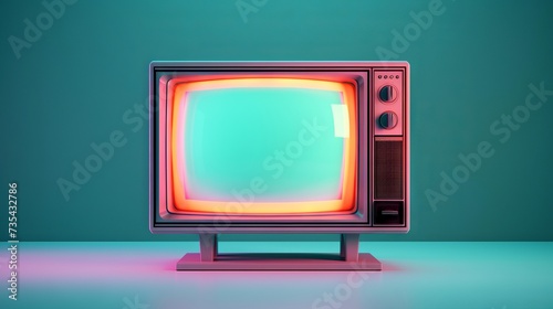 Vintage television with vibrant screen glow. Green background. Concept of retro tech, media nostalgia, classic design, and entertainment history.