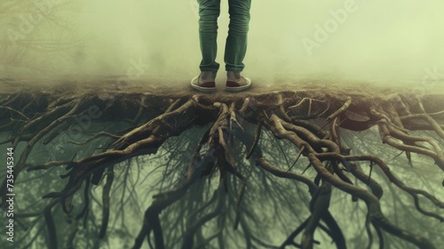 A solitary figure stands atop a gnarled tree root, shrouded in the misty fog of a winter forest, surrounded by towering trees and branches, embracing the wild nature of the outdoors