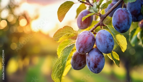 plum tree branch with ripe fruits in the garden at sunset a branch with natural plums against a blurred background of a plum orchard at golden hour generated