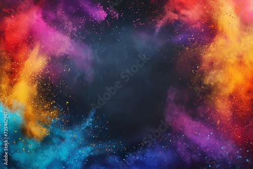 Freeze motion of colored powder explosions. Wallpaper with multi-colored paint and dust, place for text in the middle. Vibrant multicolor exploding powder.