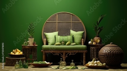 ramadan decoration islamic festive green rattan chair with green pillow surounded by veggies and food with green backdrop
