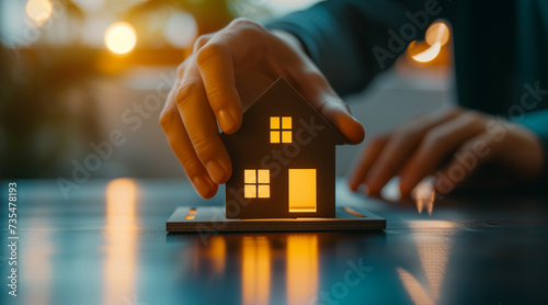 Real estate investment concept. Man touch virtual house icon for analyzing mortgage loan home and insurance real property mortgage. interest rate, Investment planning, business real estate