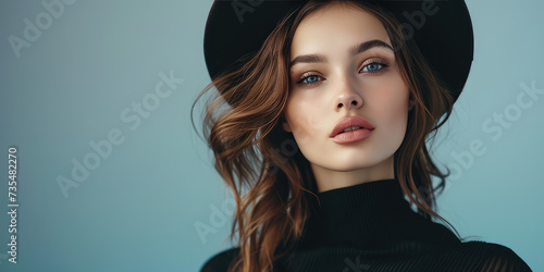 High Fashion Model portrait on background with copy space. Close-up of stunning young woman in fashionable clothes. Fashion clothing store banner template.