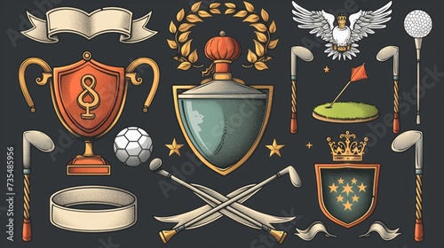 Design elements for golf and golfing include balls, crossed clubs, green with hole and flag, trophy cup, laurel wreaths, star frame, heraldic shield, ribbon banners, crown, and wings