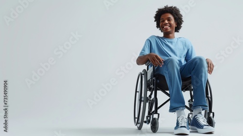 black man with a physical disability smiling and sitting in a wheelchair dressed in jeans, a blue t-shirt, positioned against a white background, Fashion mockup, Lifestyle, Stylish studio background