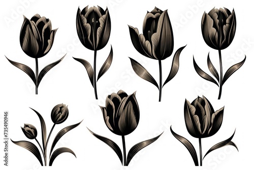 Vector set of golden and black different tulips pattern on white background. Funeral flowers, memorial or grieving card concept.