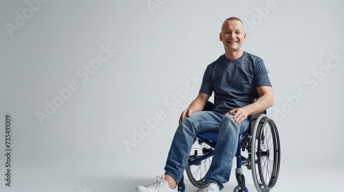 white man with a physical disability smiling and sitting in a wheelchair dressed in jeans, a blue t-shirt, positioned against a white background, Fashion mockup, Lifestyle, Stylish studio background