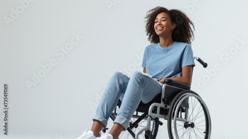 woman with a physical disability smiling and sitting in a wheelchair dressed in jeans, a blue t-shirt, , positioned against a white background, Fashion mockup, Lifestyle, 