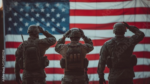 A group of USA military Special Forces soldiers dressed in uniform, saluting in front of an American flag.