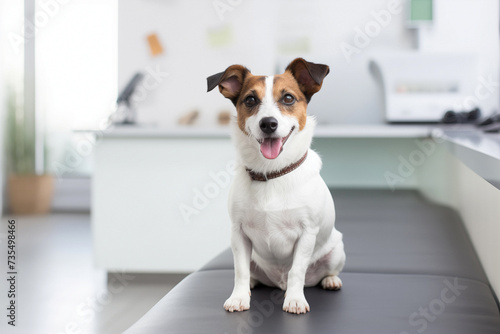 jack russell terrier dog sitting on veterinary waiting room