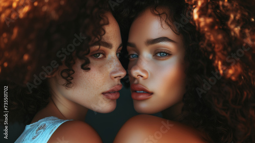 Two Beautiful Women With Curly Hair Posing for a Picture. Women's friendship, solidarity, love.