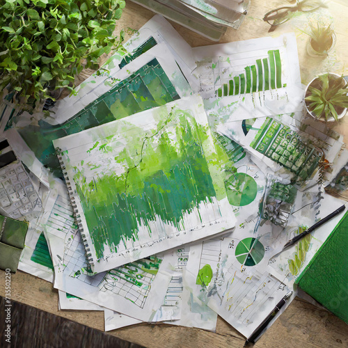 green washing, graphs and stats on documents with green paint splattered all around, companies pretending to be environmentally sustainable