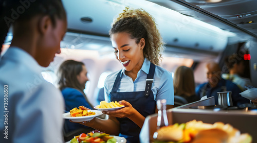 A photo of a flight attendant serving passengers food and drinks. a happy flight attendant wearing a uniform offers lunch to the passengers of the plane.
