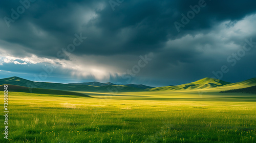 landscape photo. A late afternoon panoramic photograph of the Mongolian grasslands as a storm approache