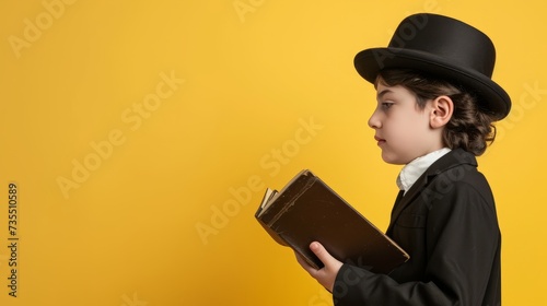 Young Hassidic orthodox boy with sidelocks praying holding prayer book over face yellow background