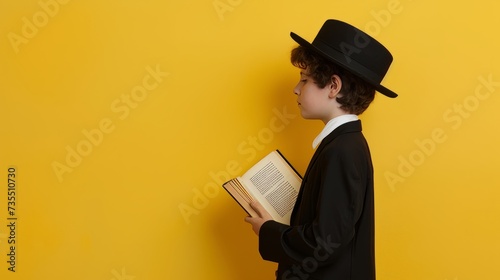 Young Hassidic orthodox boy with sidelocks praying holding prayer book over face yellow background