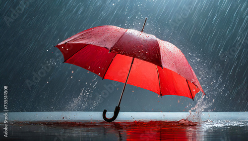 Red umbrella under heavy rain splash