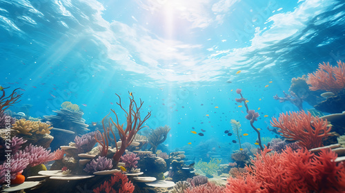 Sunlight shining through warm clear water, illuminating exotic underwater landscape with colorful coral riffs. Tropical marine nature. Clean ocean with healthy ecosystem.