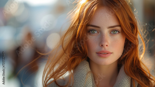 A fiery-haired woman with emerald eyes stares fiercely into the camera, her long, layered locks cascading down her face as she poses confidently in an outdoor portrait, exuding strength and femininit