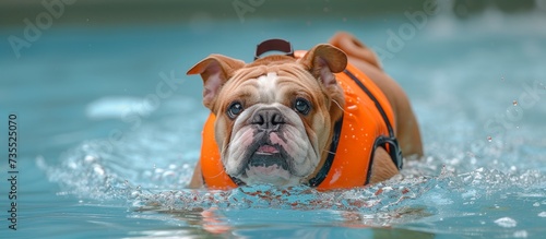Adorable dog with life jacket enjoying swimming in blue pool on a sunny day