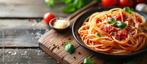 A classic Italian dish of al dente spaghetti topped with tomato sauce and basil on a rustic wooden table.