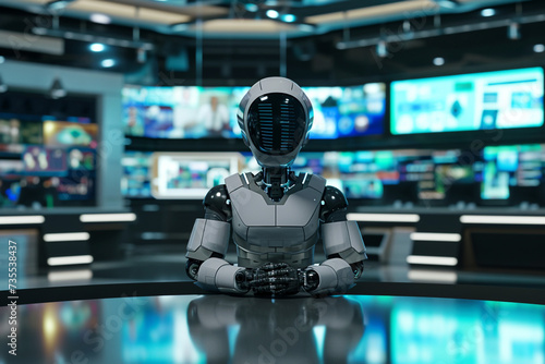the robot in news studio as a news presenter, speaking, looking at camera, modern studio, blurred background. Artificial intelect in future life. AI Generated 