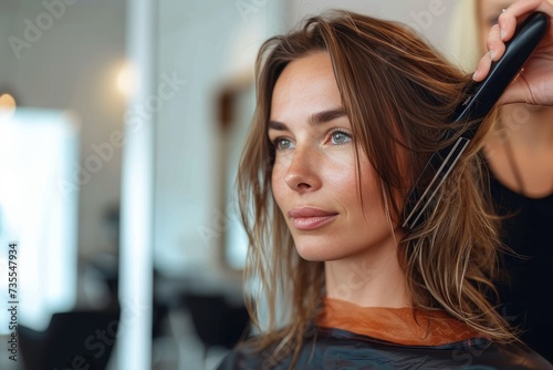 A hairstylist attentively straightens the hair of a beautiful woman in a salon