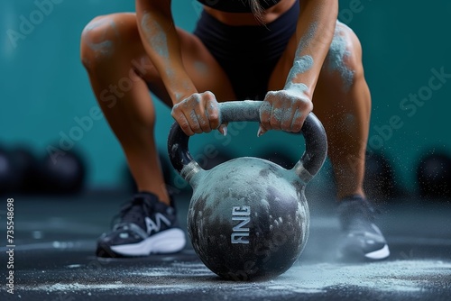 A concentration-filled moment of an athlete amid a kettlebell exercise, determination visible in her stance