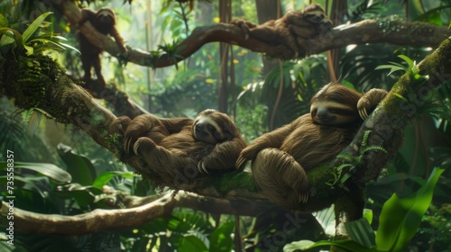 Lazy Sloths Relaxing on Tree Branches in Lush Rainforest AI Generated.