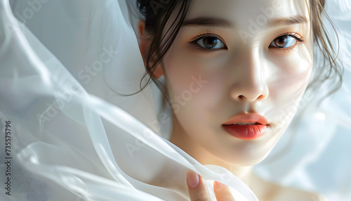 繊細な光と布に包まれた透明感のあるアジア人の女性の純粋な美しさ