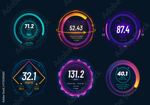 Internet speed test and 5G speedometer dashboard, futuristic digital neon dials, vector gauge. Internet traffic fast test meter of digital network and website connection for download or upload Mbps