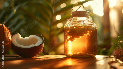 A large glass jar of radiant high quality coconut oil illuminated by warm sunlight