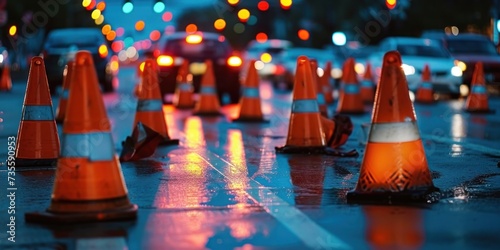 Road cones cautioning evening traffic congestion, Generative AI 