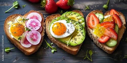 Delicious heart-shaped breakfast toasts with fresh, healthy ingredients, Generative AI 