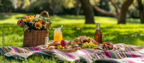 Scenic picnic basket with assorted fresh fruits and vibrant wildflowers for outdoor gathering and relaxation