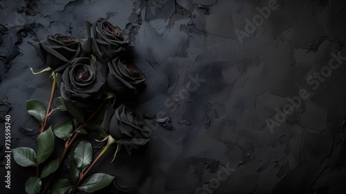 Dark Black roses on black background, web banner. Mourning moody flowers card. Funeral symbol of grief. Mood and Condolence card concept, Generative Ai