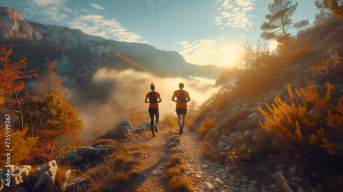 Young people trail running on a mountain path. Two runners working out in morning at sunrise with fog