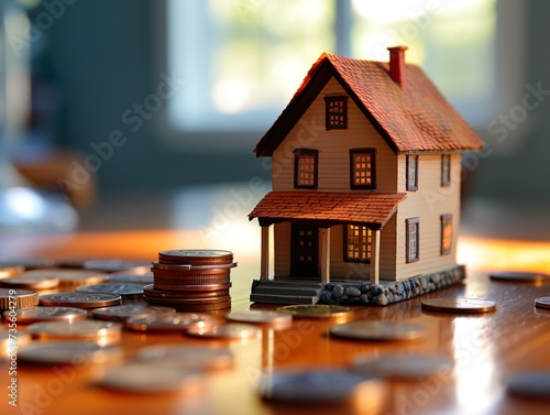 A detailed miniature house model next to a coin holder filled with coins of various denominations symbolizes financial resources and savings